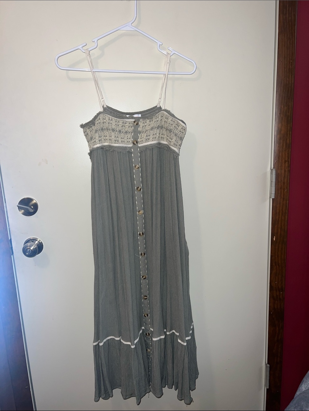 Ces Femme Olive Green Maxi Dress with Cream Crochet Bodice